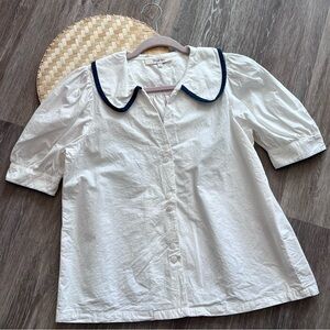 Simple retro pinup style Peter Pan collared blouse white‎ & blue